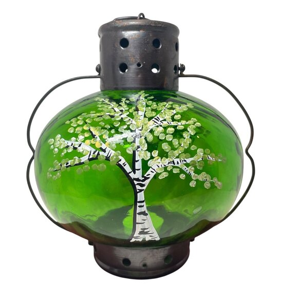 Hand-Painted Green Glass Lantern With Tree Design And Rustic Metal Top - Picture 1 of 10